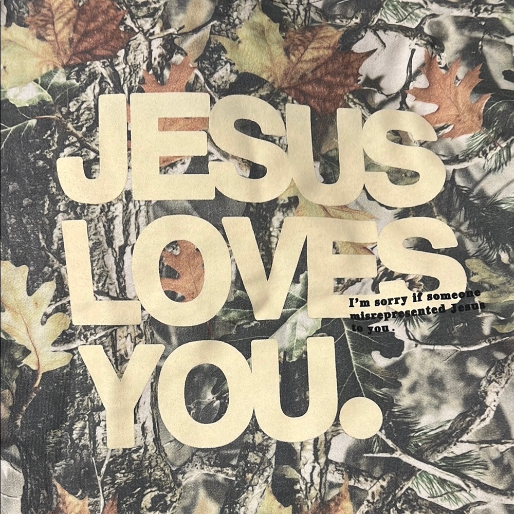 Camo Graphic sweatshirt with 'Jesus Loves You' Print